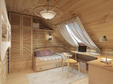 bedroom and office in garden room. wooden room in garden