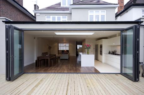 convert your old conservatory into a modern orangery, bifold doors with french doors in the centre, aluminium bifold doors, modern kitchen, orangery extension, orangery kitchen extension